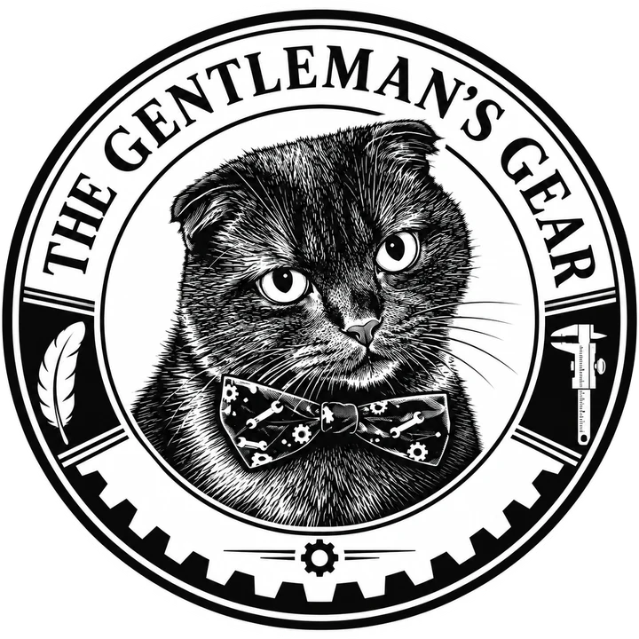 Suki, the workshop cat, in a bow tie — The Gentleman's Gear mascot badge